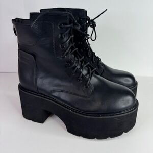 Platform Combat Boots Women Size 41 Faux Black Leather Chunky Lug Sole